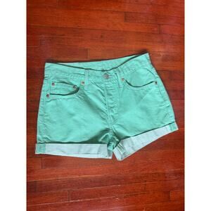 Vintage Y2K Levi 501 Button Front Cuffed Kelly Green Denim Shorts 28 Small M